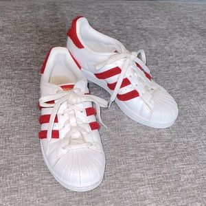 Red adidas superstar with terry cloth